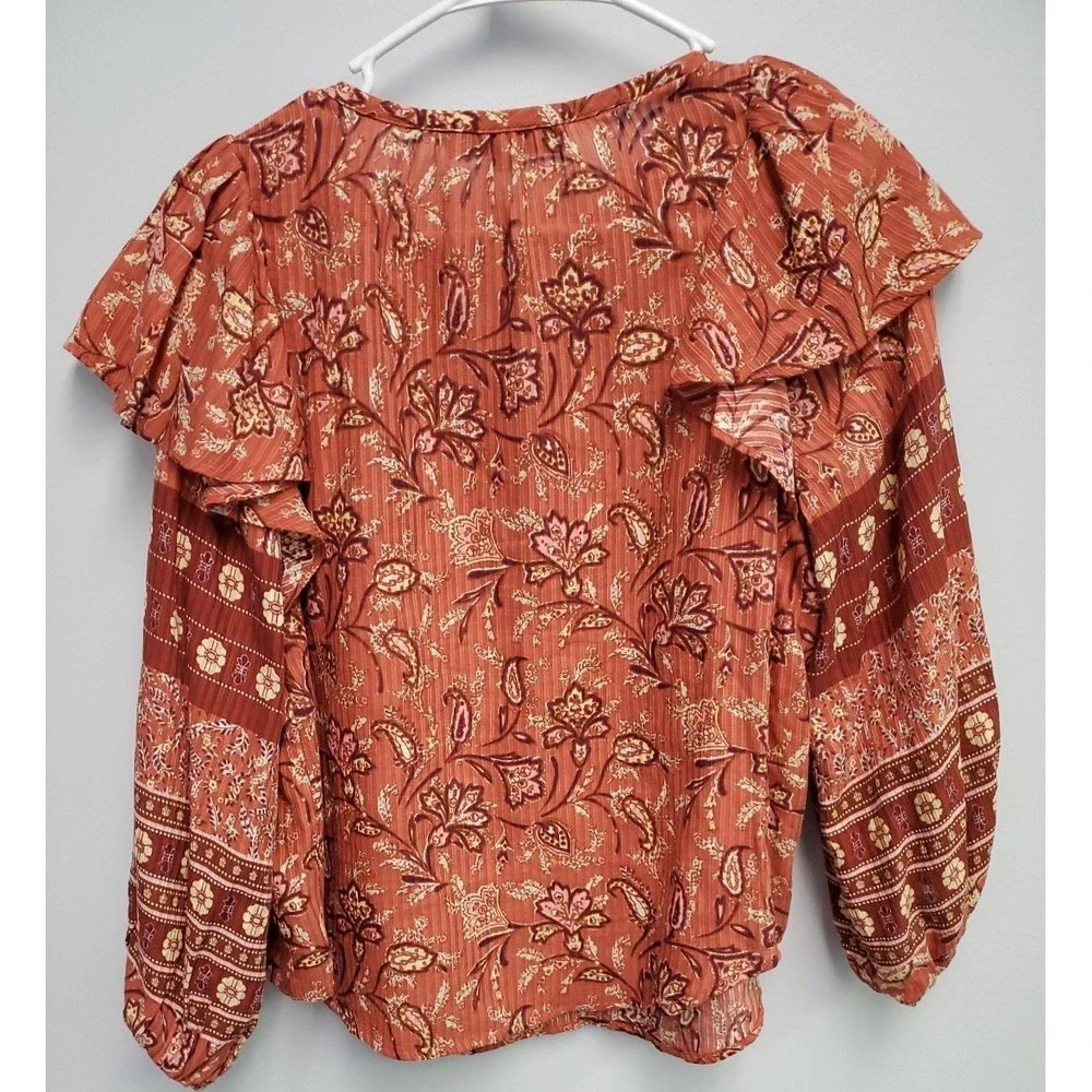 LOFT Women's LS Floral Rust/Burnt orange tie neck top shirt Small Petite Ruffle‎